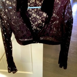 Crop lace jacket with velvet collar and velvet trim on ruffle sleeve